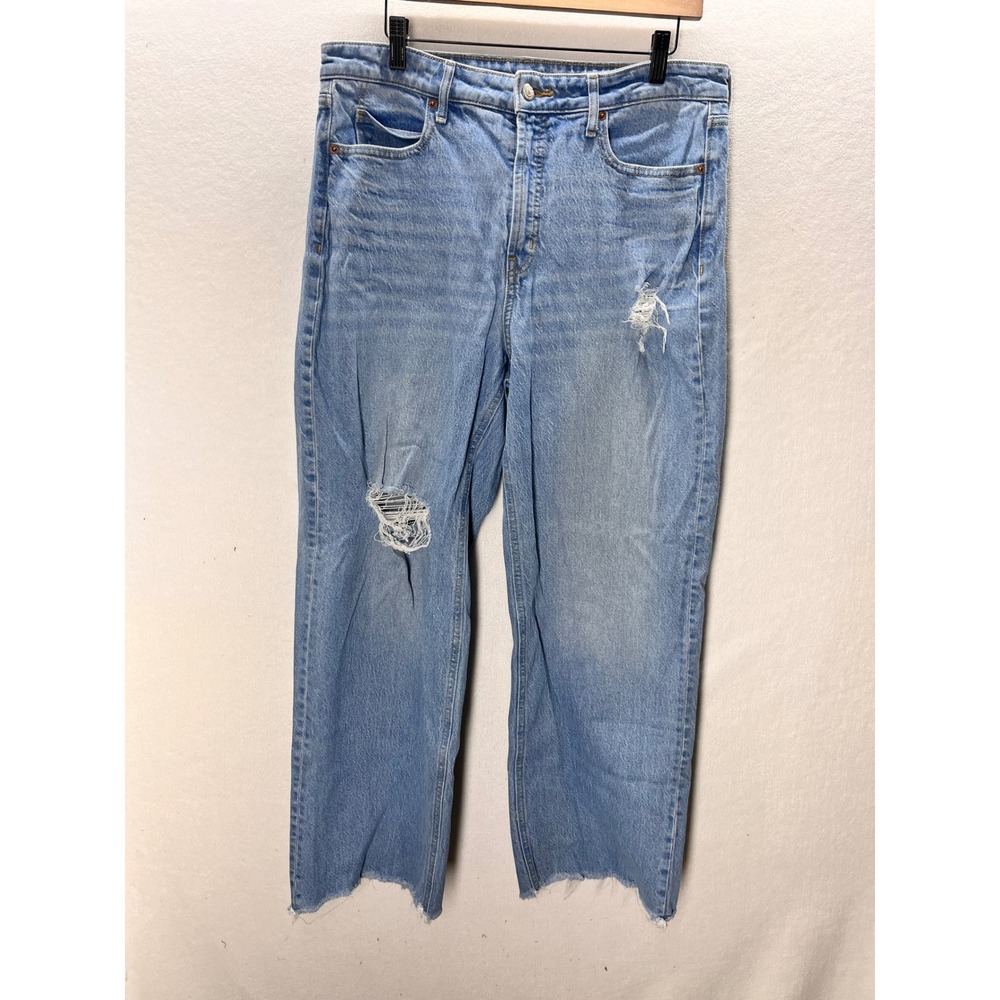 Old Navy Sky-Hi Wide Leg Jeans Womens 12 Blue Denim Distressed Raw Hem 3413